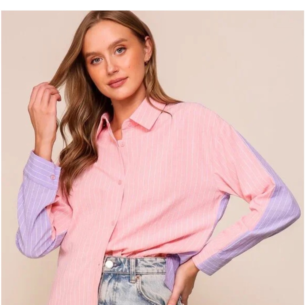 Lumiere Pink and Lavender Back and Forth Striped Button Down Shirt NWT Size S